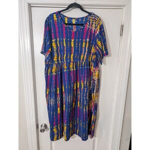 Ulla Popken Blue Tie Dye Cotton Short Sleeve Tiered Midi Dress Plus Size 24 26